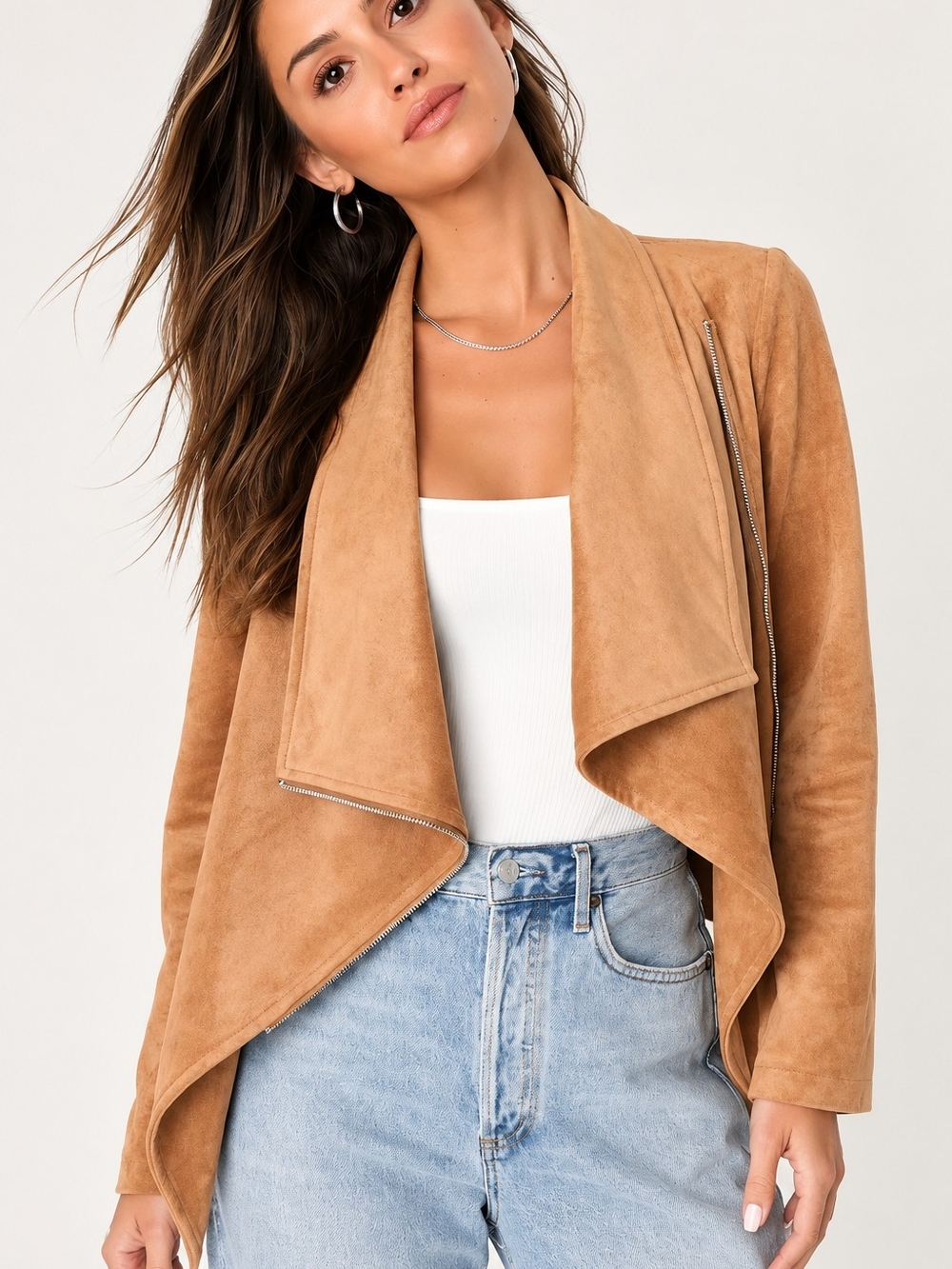 Lulu's Camel Suede Draped Moto Jacket